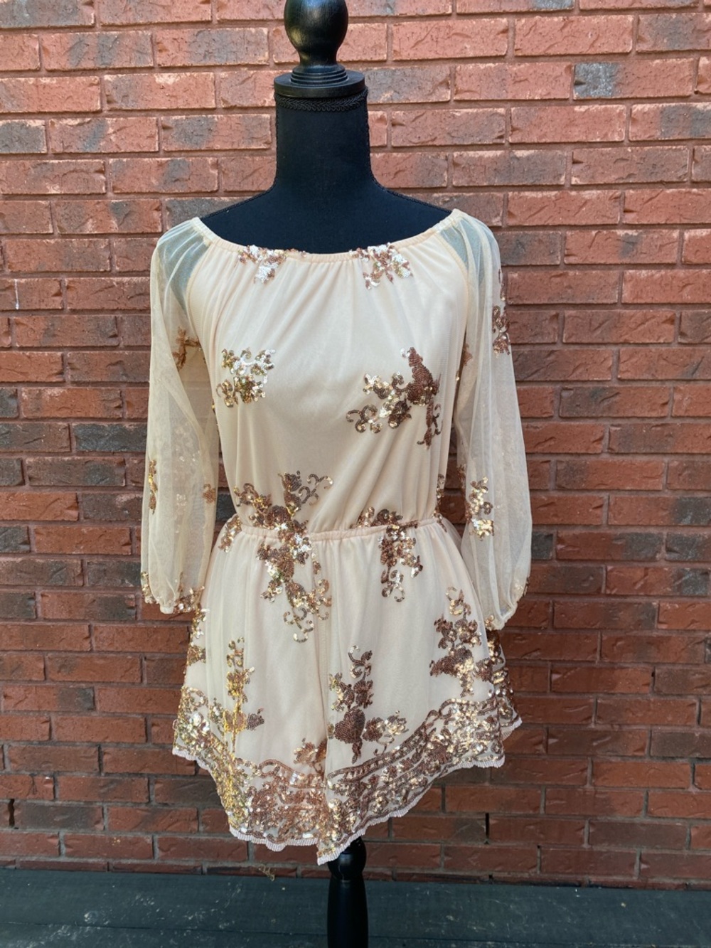 Sheer Lined Sequin Embellished Cream Gold Romper 8